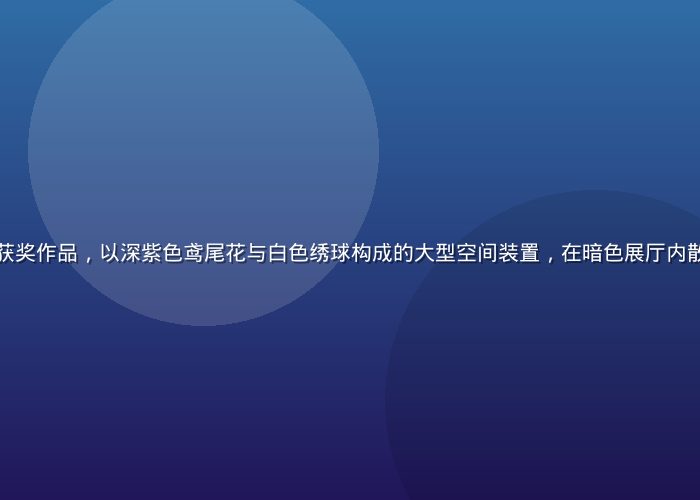 色花堂年度大赏获奖作品，以深紫色鸢尾花与白色绣球构成的大型空间装置，在暗色展厅内散发神秘东方气韵
